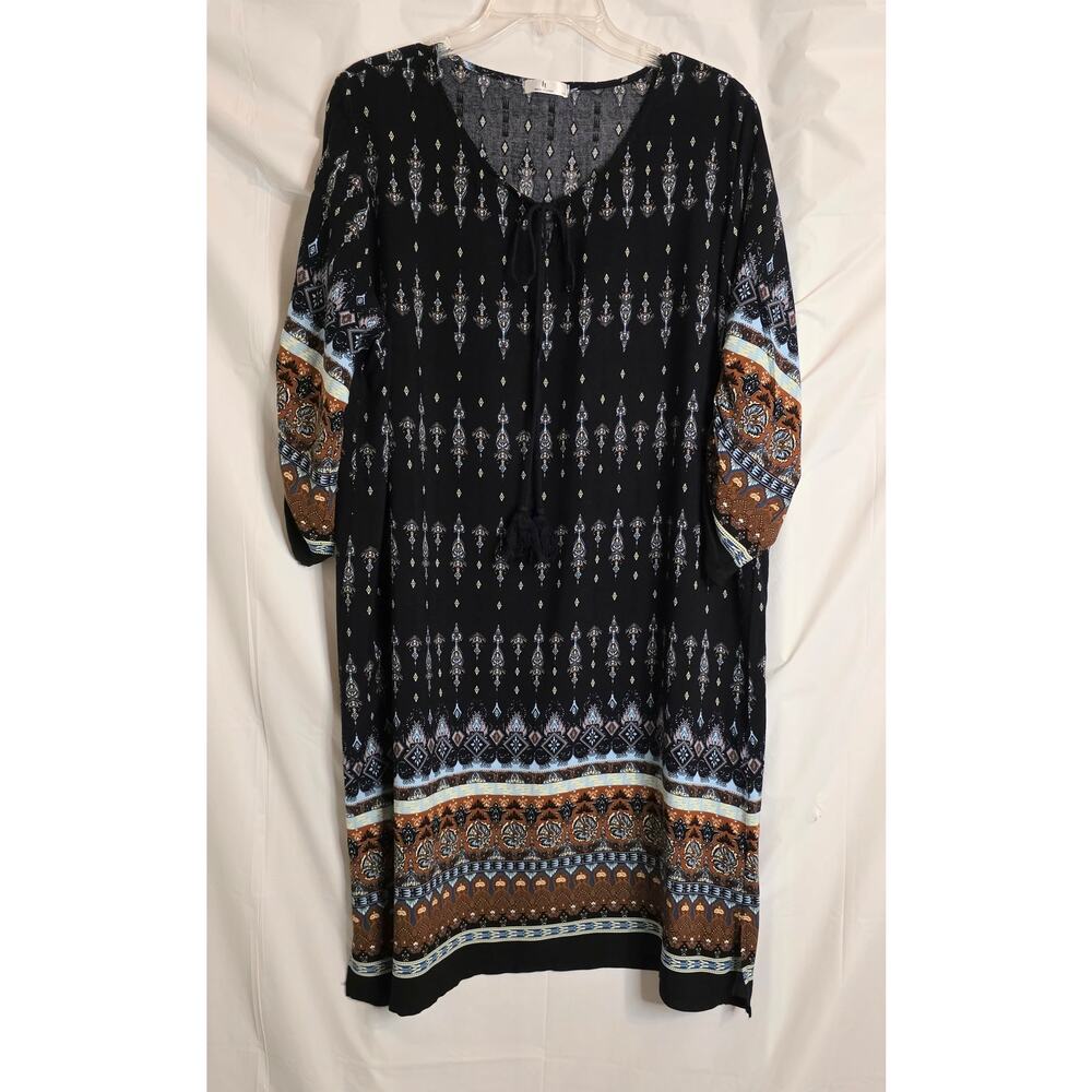 Women's Dress Size XXL Navy Brown Boho Loose Fit Tunic Tribal Print Tie Front